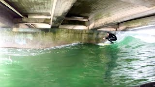 Surfing SKETCHY tunnel wave and HEAVY Shorebreak!