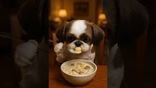 Cute Shih Tzu is enjoying Clam chowder.🐶🍲