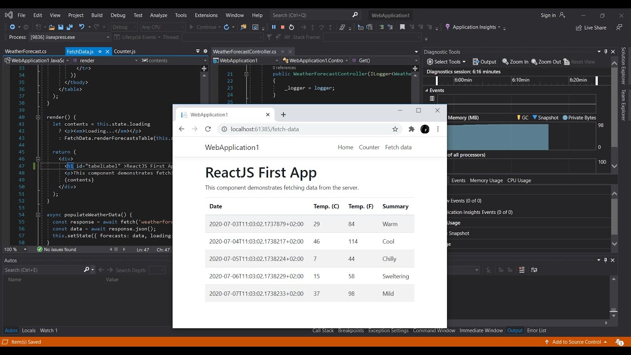 React App in Visual Studio 2019 Core 3 Getting