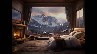 Cozy Warm Bedroom, Fireplace, in the Mountains, Snowstorm