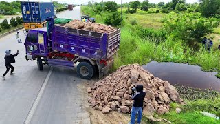 Tread Carefully Processing Landfill Project!Dump Truck 5Ton & Bulldozer Push Soil Near Road, Mix VDO