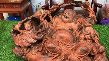 Siêu Phẩm cụ Di Lặc Tam Phúc gỗ Trắc Đỏ Đen hàng liền khối 100% để mộc