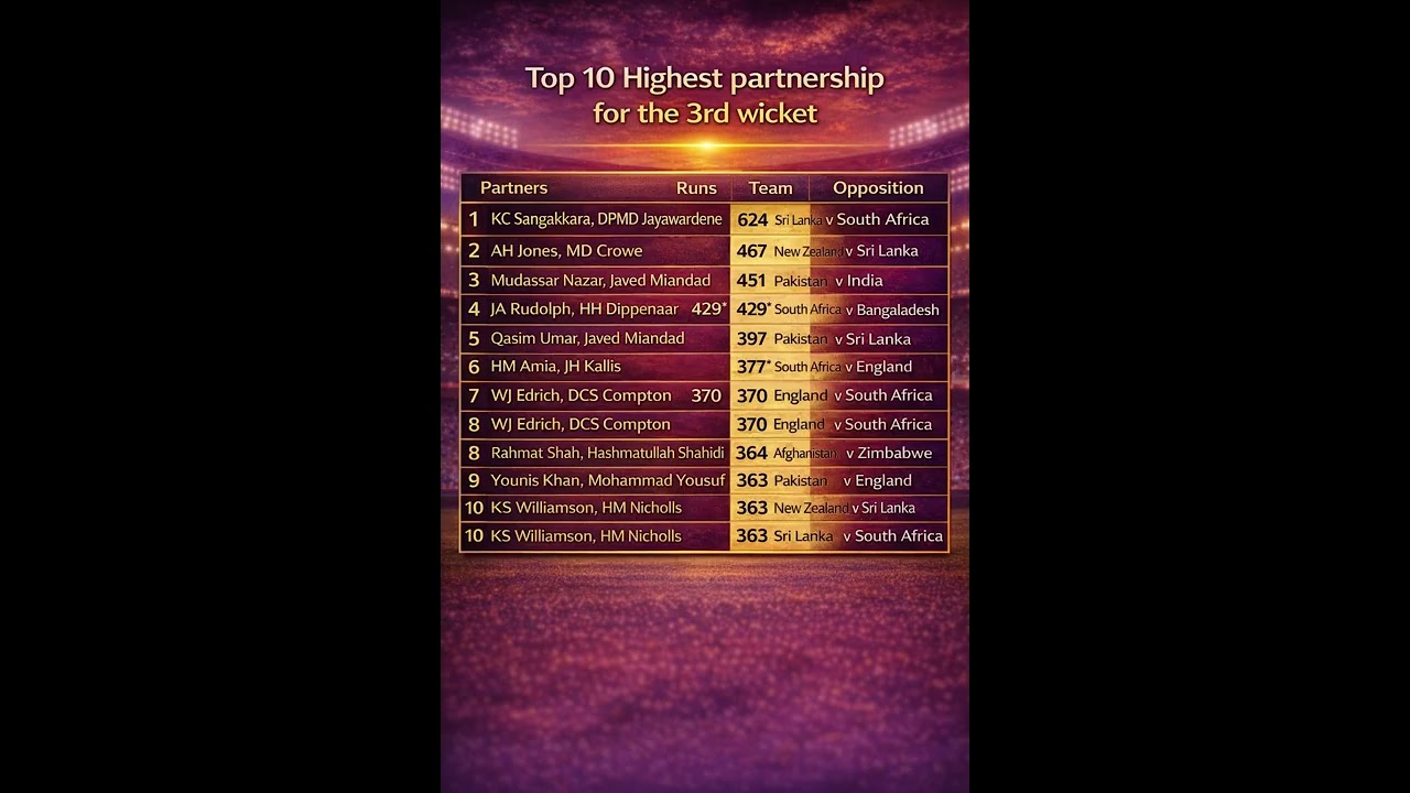 Top 10 Highest Partnership for the 3rd wicket in Test Cricket