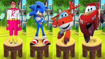 Tag with Ryan vs Sonic Dash vs Lightning McQueen Run vs Super Wings Jett Run - All Characters Unlock