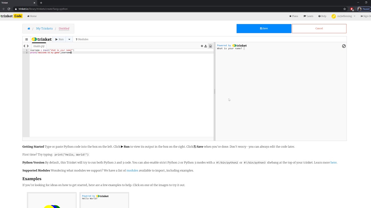 Python trinket inputs Python with trinket intro to user inputs (video 2 ...