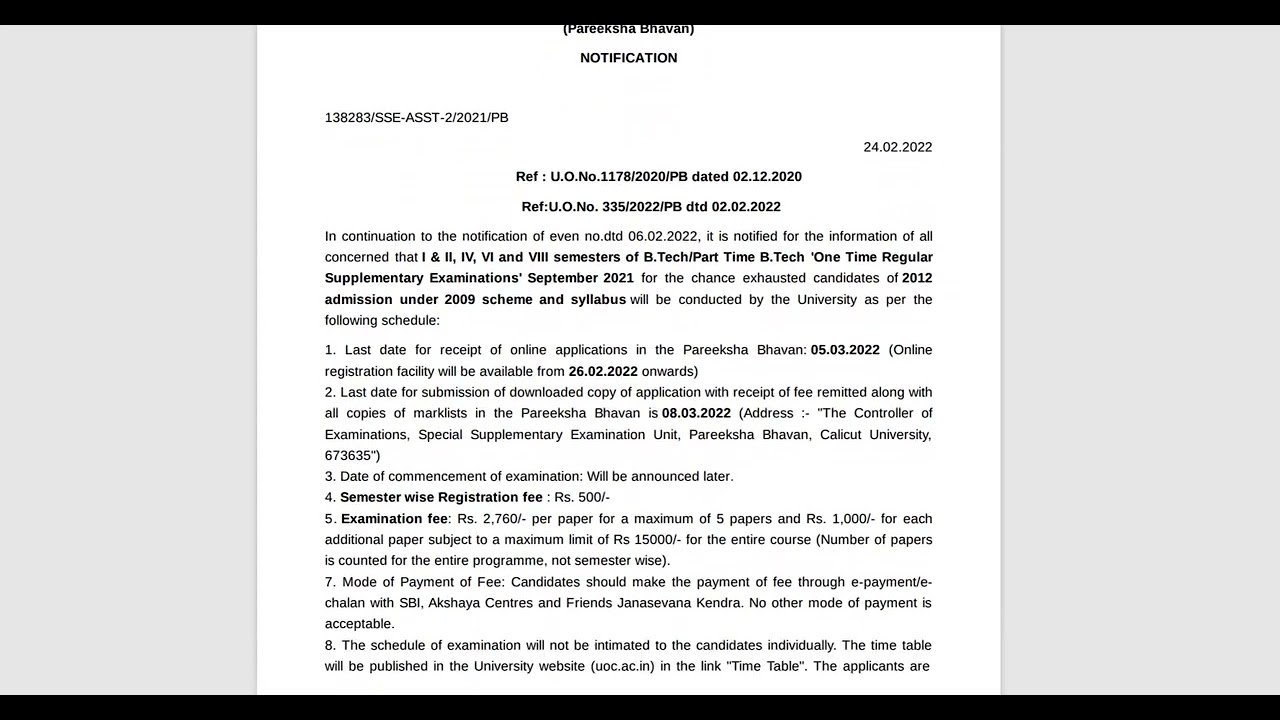 I & II, IV, VI and VIII sem ||  B.Tech- One Time Regular Supplementary Exam || Calicut University