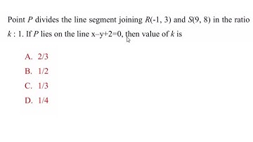 Point P divides line segment joining R(-1,3) & S(9,8) in the ratio k:1. If P lies on x-y+2=0,find k.