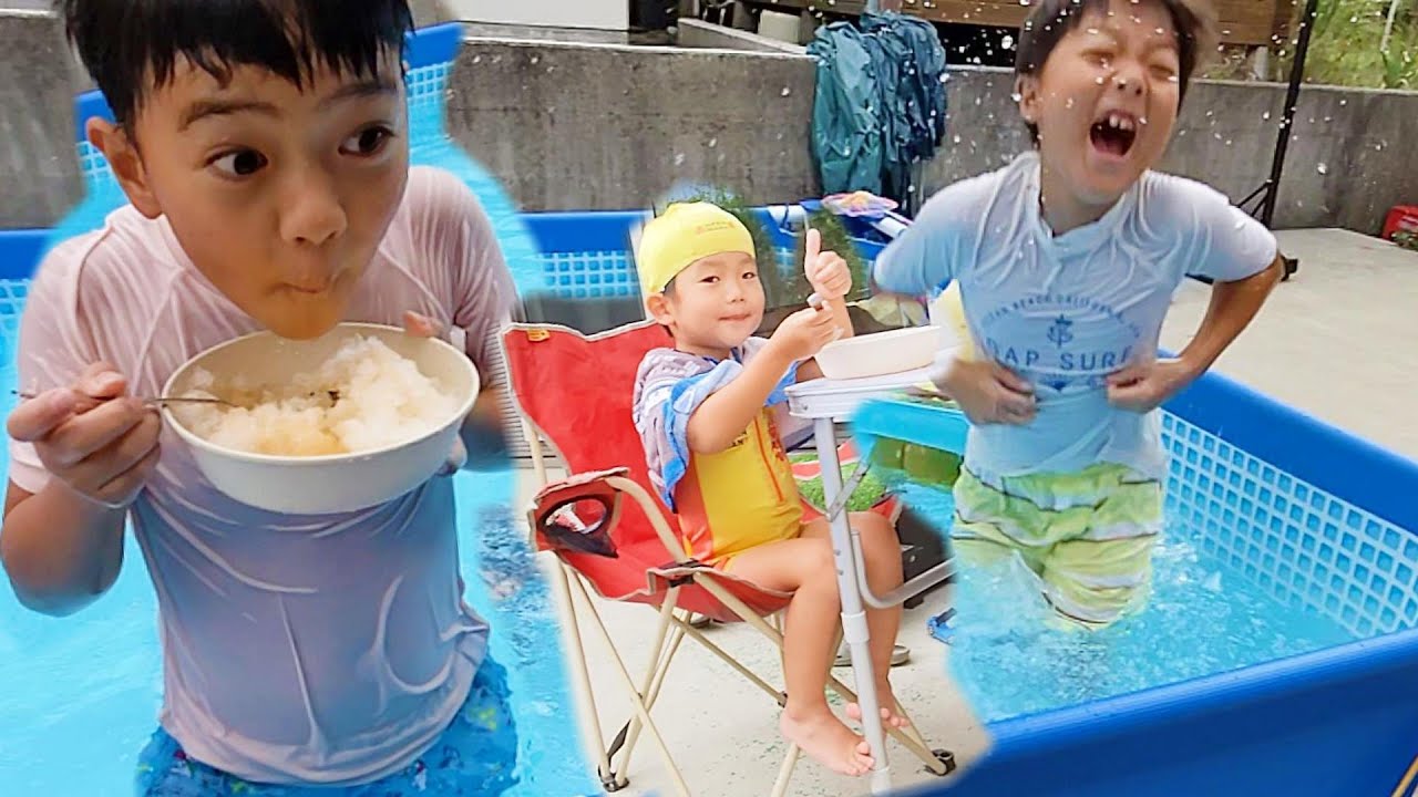 Three brothers enjoying the last pool and shaved ice of the year