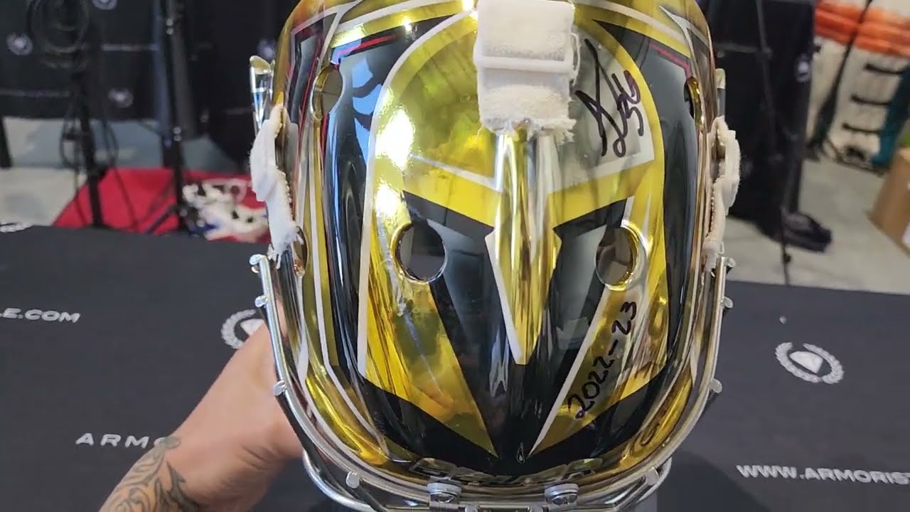 LOGAN THOMPSON SIGNED LAS VEGAS GOLDEN KNIGHTS LOGO HOCKEY GOALIE MASK  PROOF COA