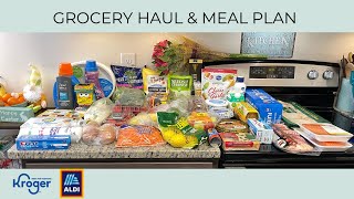 GROCERY HAUL \& MEAL PLAN | BUDGET FRIENDLY | KROGER | ALDI | FAMILY OF TWO