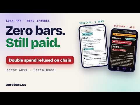LOKA Pay: an iPhone with zero bars pays a shop, and a double spend is refused on Solana devnet
