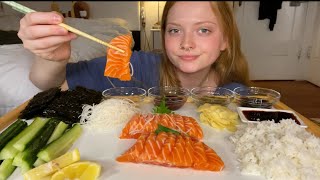 Asmreating Salmon Sashimi With Saucessushinigiri 