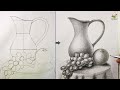 Still life drawing for beginners easy step by step with pencil shading  how to draw a jug grapes