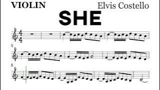 SHE by Elvis Costello Violin Sheet Music Backing Track Play Along Partitura