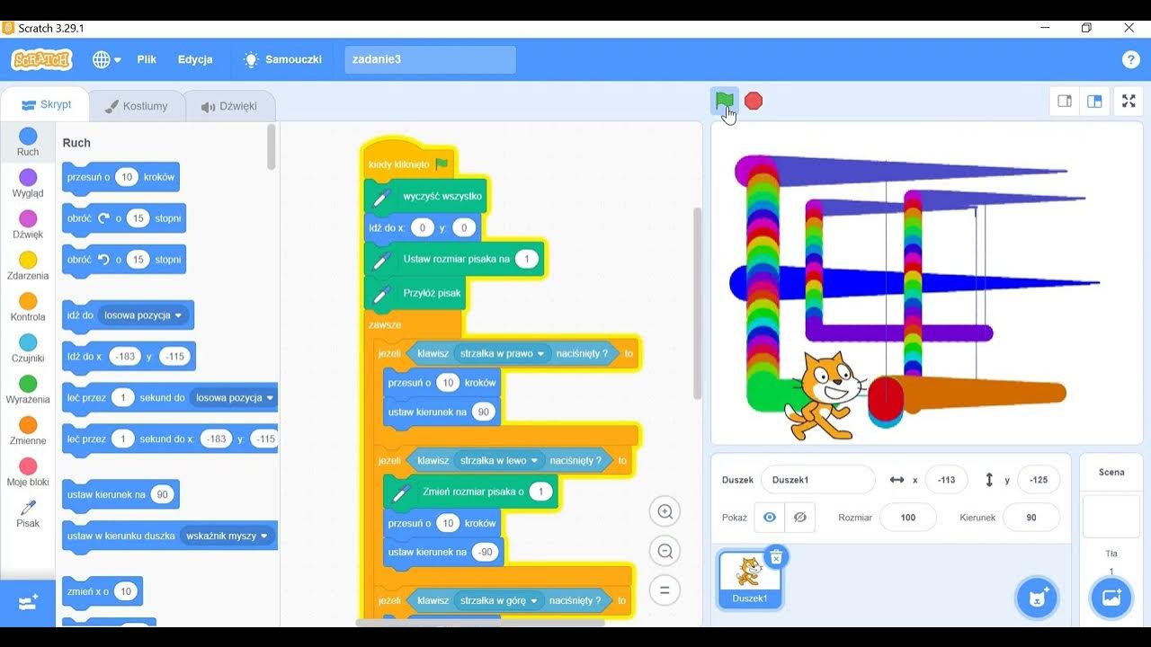 Scratch zadanie3 Zmieniamy rozmiar i kolor pisaka - YouTube