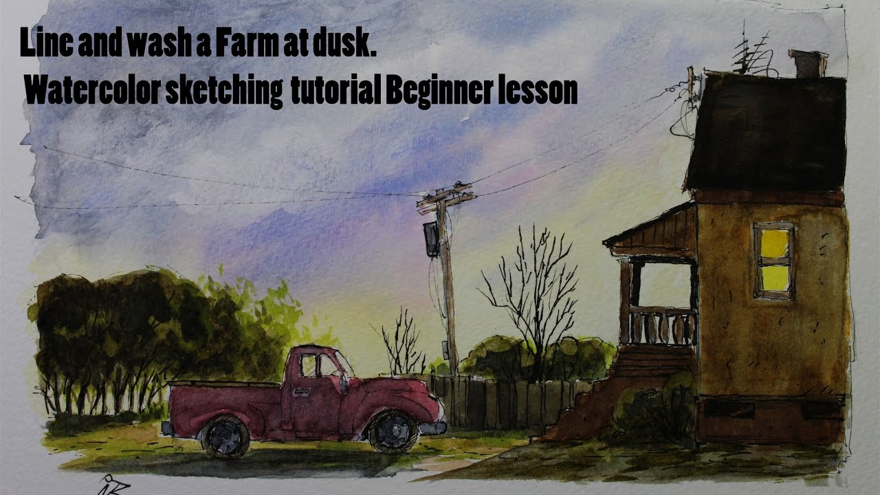 Line and wash a Farm at dusk Watercolor sketching tutorial Beginner ...