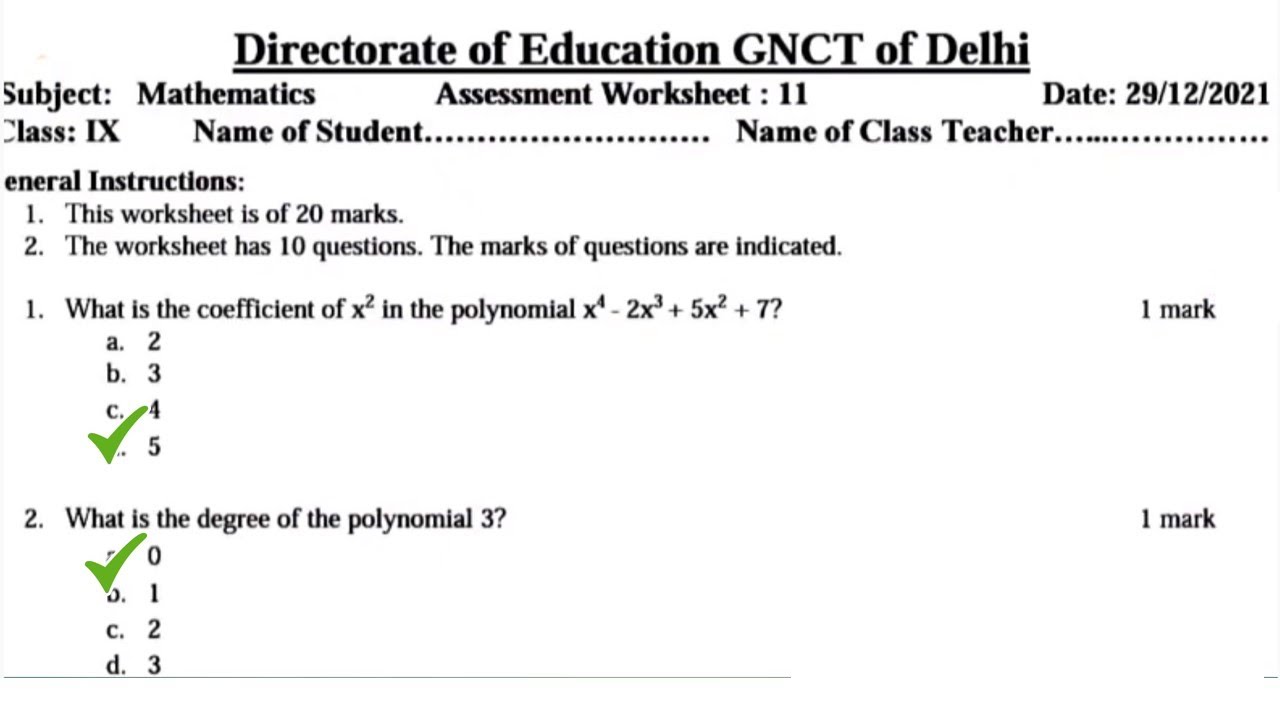 Mathematics Assessment Worksheet 11 Class 9 (29/12/21)English Medium |  Assessment Worksheet 11 Maths