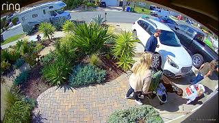 Little girl rides her Power Wheels toy car into bumper of pickup truck