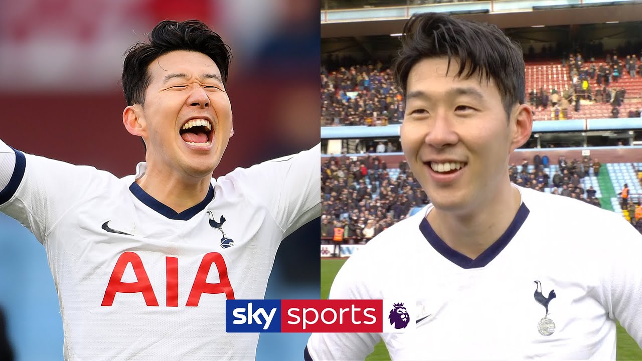 Heung-Min Son reacts to scoring Spurs' 94th minute winner against Aston Villa