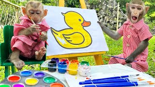 Monkey Baby Bim Bim Drawing Duckling And Swimming With Ducklings In The Lake