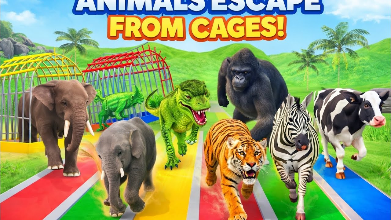 Animals Escape from Colorful Cages 🐘🐯🦓 | Kids Learning Animal Race Cartoon