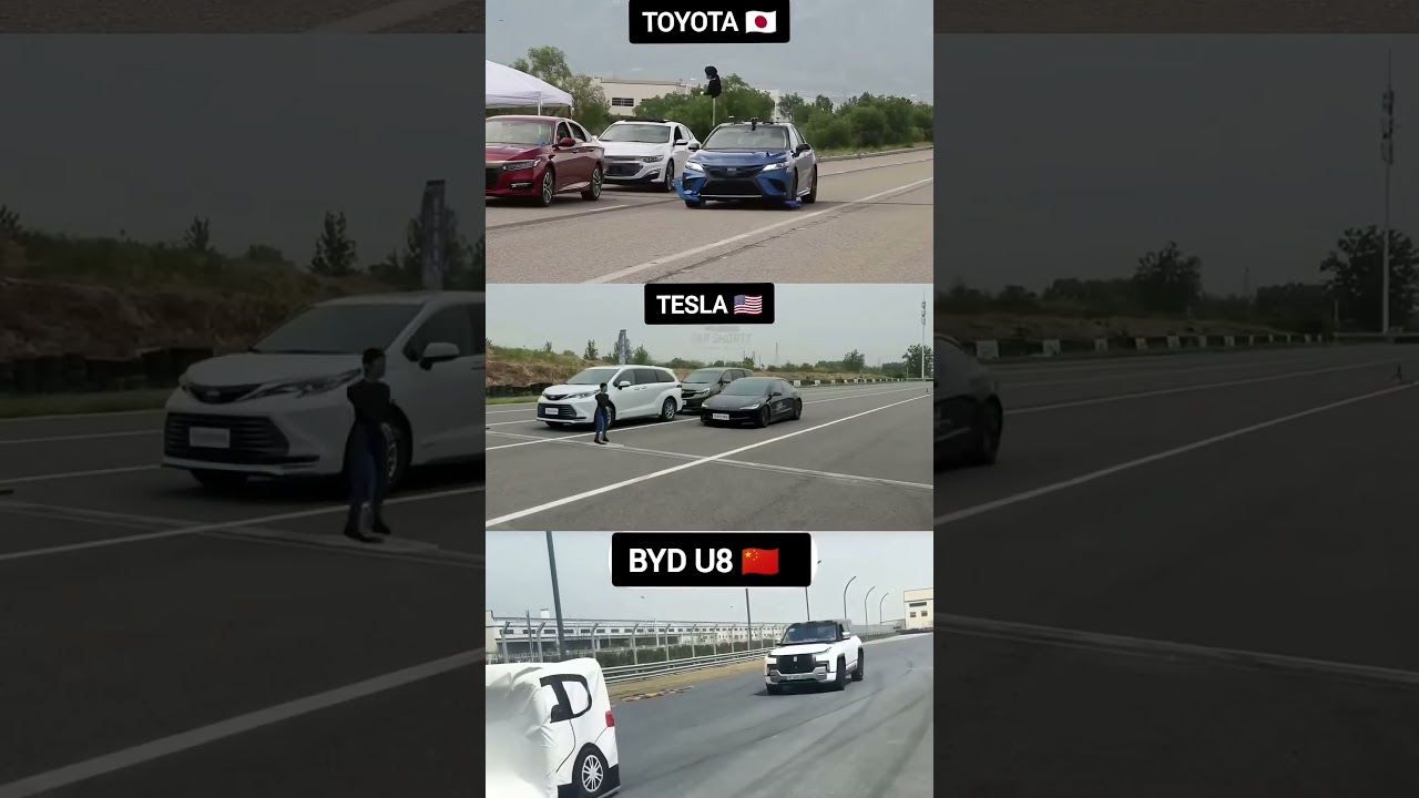 BYD U8 vs Toyota vs Tesla: Obstacle Avoidance Test in 3 Seconds!