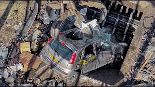 Whole Cars CRUSHED, Shredded with Shattering Glass & Popping Tyres! Scrap Yard Drone Video