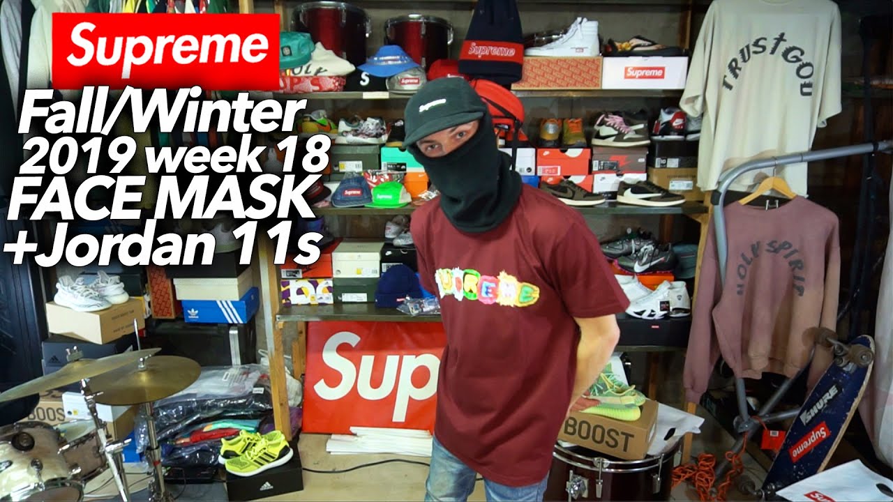 Supreme FW19 W18 polartec mask + neck gaiter + bridge tee + Bred Jordan 11