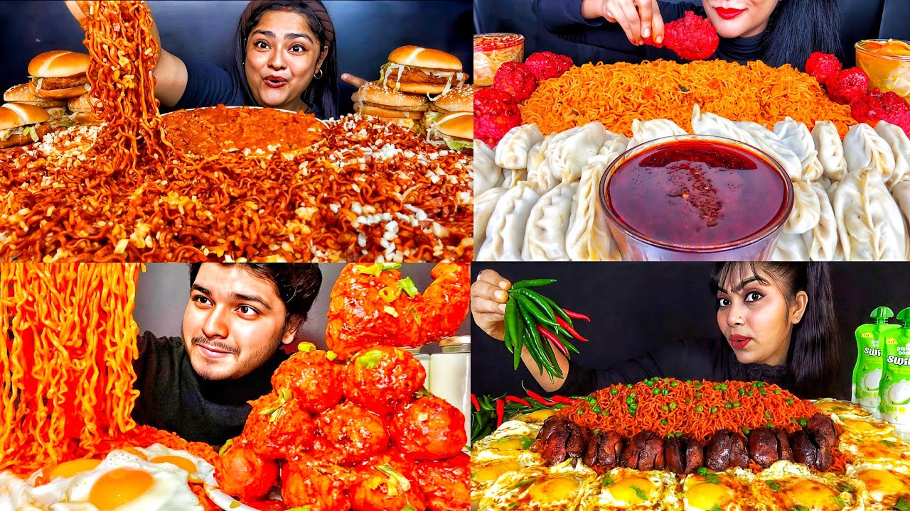 SPICY NOODLES WITH CREAMY CHICKEN CHICKEN MOMOS KOREAN NOODLES EATING SHOW EATING SOUNDS 