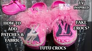 HOW TO SLAY YOUR CROCS WITH FABRIC , PATCHES & HTV - DRUGSTORE CROCS TRANSFORMATION - TUTU CROCS