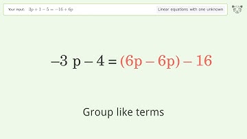 Linear equation with one unknown: Solve 3p+1-5=-16+6p step-by-step solution