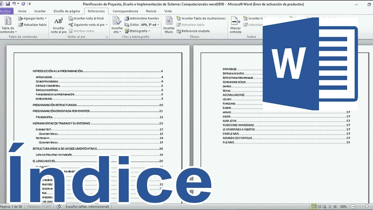 Insertar un indice en word