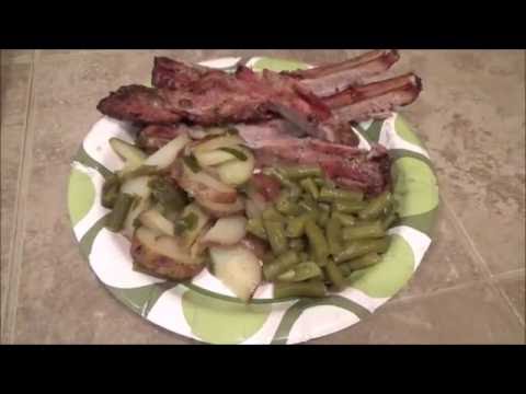 Whats For Dinner. Pork Ribs Over Charcoal, Potatoes and Onions. Green Beans. Joe's Cookin'