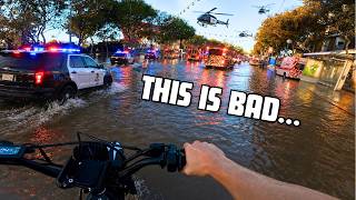 MASSIVE FLOOD IN LOS ANGELES (E-BIKE POV) - West Hollywood Sinkhole & Water Main Break