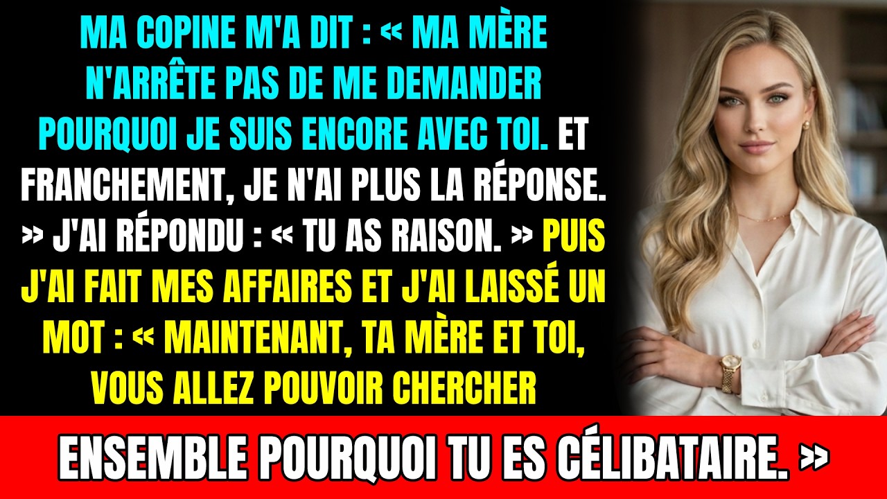 Elle a lâché cette phrase entre deux bouchées de dîner, comme si elle commandait une pizza : « Ma mère n’arrête pas de me demander pourquoi je suis encore avec toi. » Puis elle a ajouté, sans même...