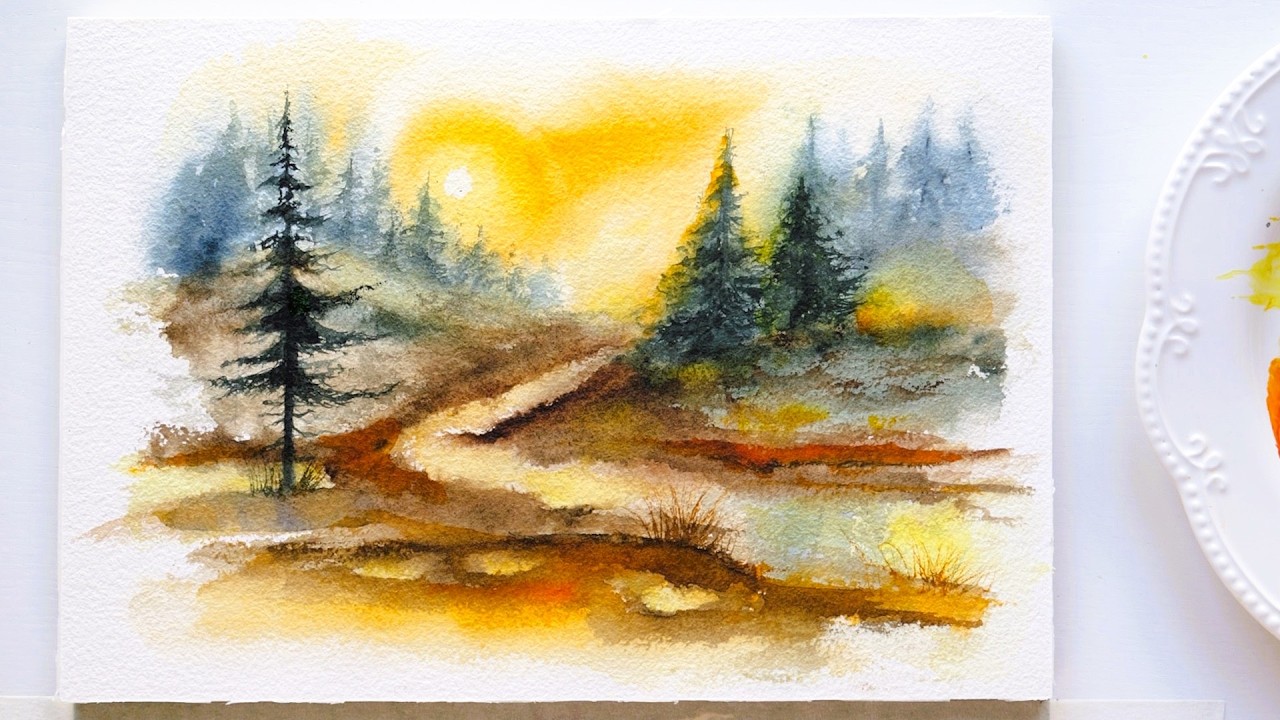 Easy Autumn Landscape Painting: Watercolor Tutorial in Loose style