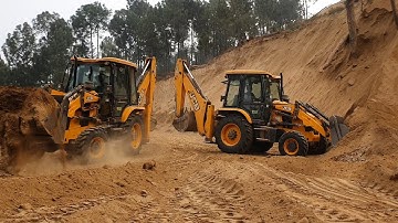 JCB Backhoe Loader Pushing Soil and Leveling Hilly Road - JCB Backhoe Hilly Road Construction