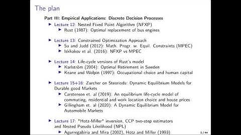 Plan for lectures in dynamic discrete choice models
