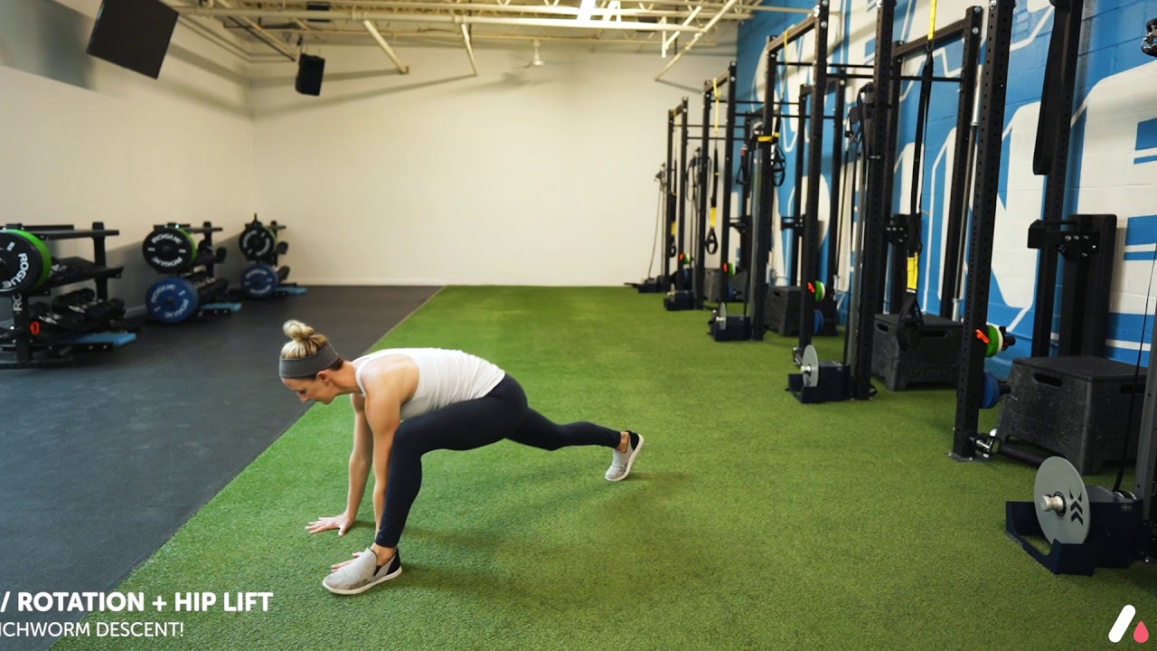 Inchworm to Spiderman Lunge w/ Rotation + Hip Lift - YouTube