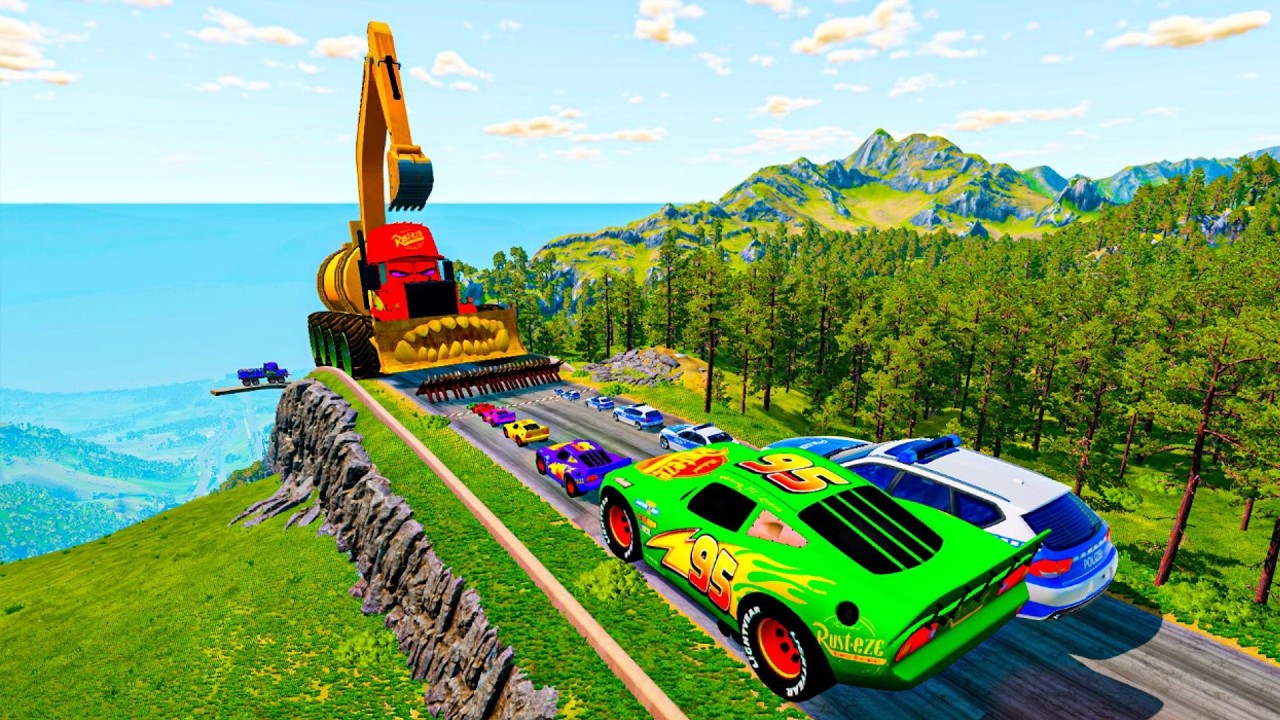 Big & Small McQueen & Police Car vs Zombie Mack,Giant Excavator & Speed Bumps Downhill Race|BeamNG