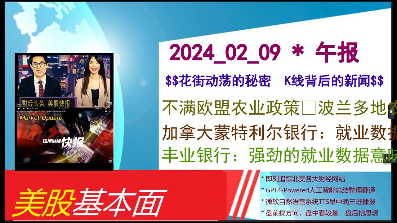 美股基本面- 2024_02_09 * 午报* 不满欧盟农业政策 波兰多地农民举行抗议。加拿大蒙特利尔银行：就业数据说明加拿大央行没有降息的紧迫性。 丰业银行：强劲的就业数据意味着加拿大GDP将向-