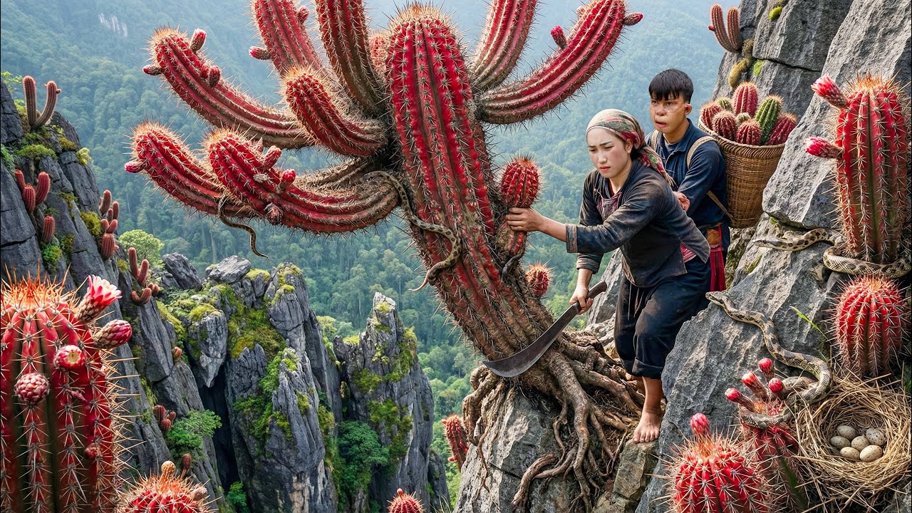 Risking Her Life Alone Female CEO Harvests Rare Red Cactus & Wild Snake on a Deadly Cliff to Sell