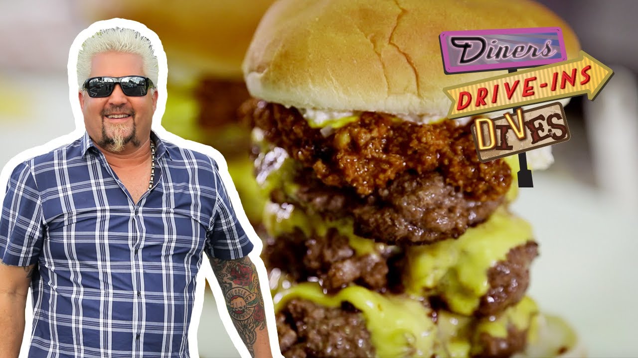 Guy Fieri Eats CORNDOG Shrimp and a Triple Chili Burger | Diners, Drive-ins and Dives | Food Network