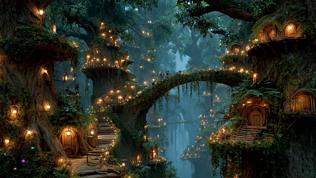 Arboria Glade Ambiance + Deep Forest 🌙Tranquility Treehouse Village in the Night w/ Fantasy Music