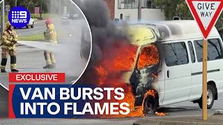 Terrifying moment van ignites in middle of busy intersection | 9 News Australia