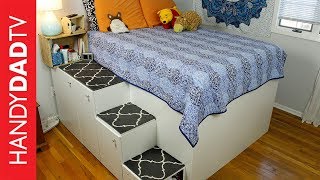 This video shows you how to turn seven standard kitchen cabinets from IKEA into a platform bed with storage underneath. It