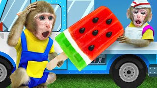KiKi Monkey get tasty Giant Watermelon Popsicles Ice Cream & Coca Fanta Pepsi Jelly|KUDO ANIMAL KIKI