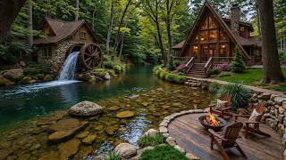 Calming Piano Music with Summer Forest Riverside 🌿🔥 Crackling Fire pit & Nature Sounds Ambience