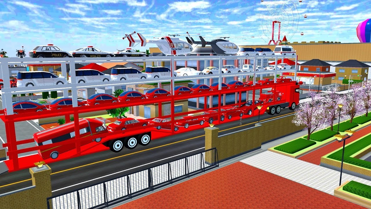 OVERSIZED CARS TRANSPORT WITH FOUR LEVEL TRAILER RED & WHITE TRUCK - Sakura