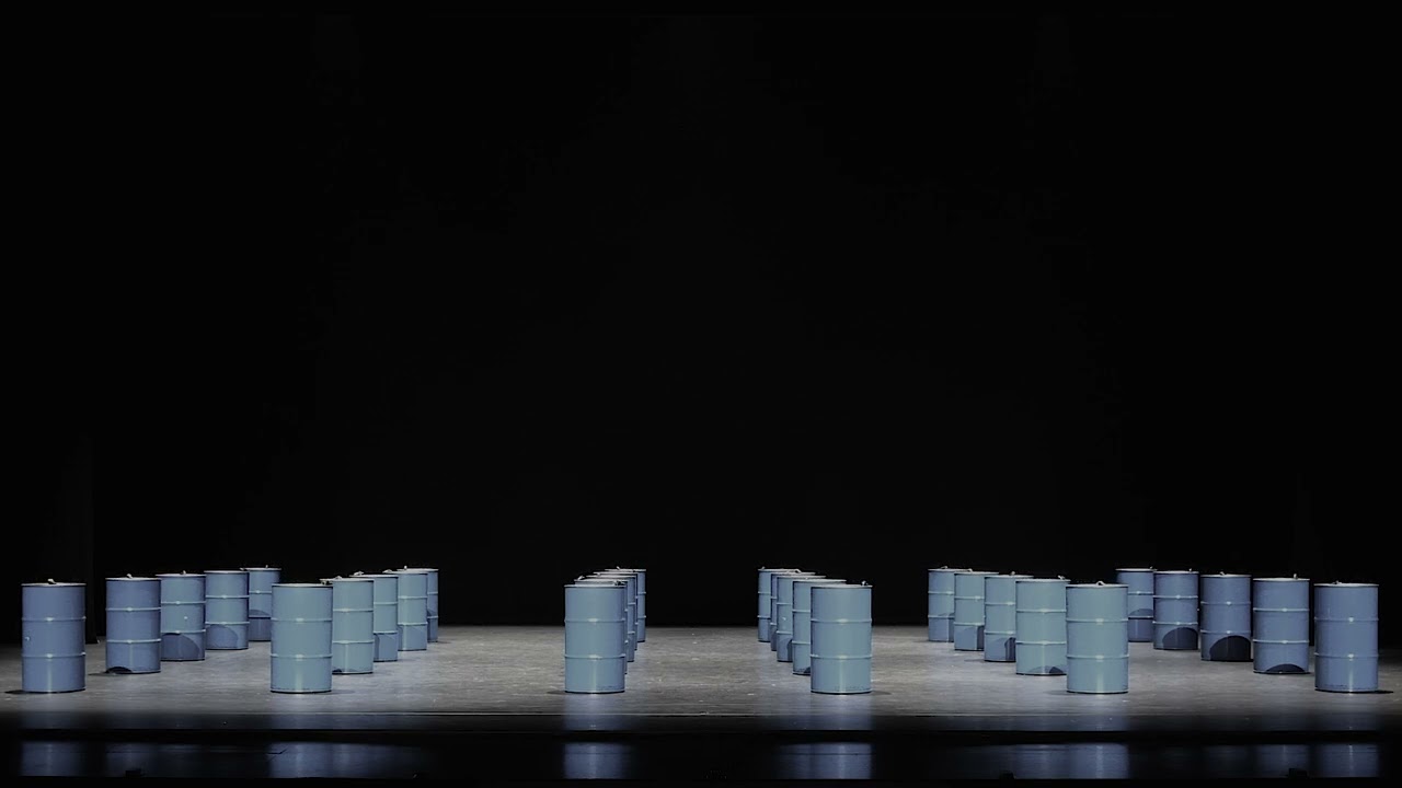 Zimoun : Sound Installation : 30 prepared dc-motors, rubber, oil barrels ø 48x83 cm, 2023